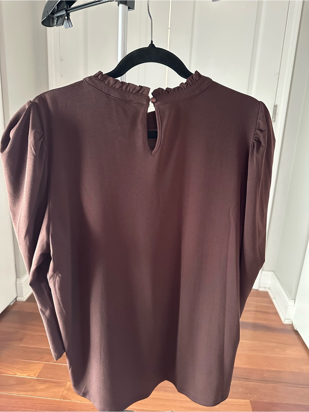 Adrianna Papell Chocolate Brown Ruffle-Neck Puff Sleeve Blouse - Picture 3 of 4